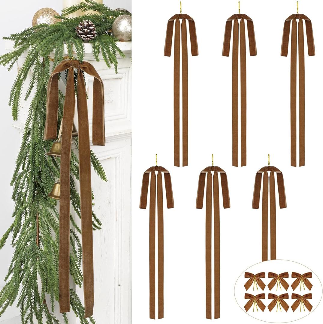2 x 12Pcs Brown Long Velvet Christmas Tree Bows 24x15 Inch Vintage Large Small Velvet Christmas Staircase Garland Rustic Wreath Swag Bow with Twist Tie for Xmas Tree Topper Holiday Indoor Decoration