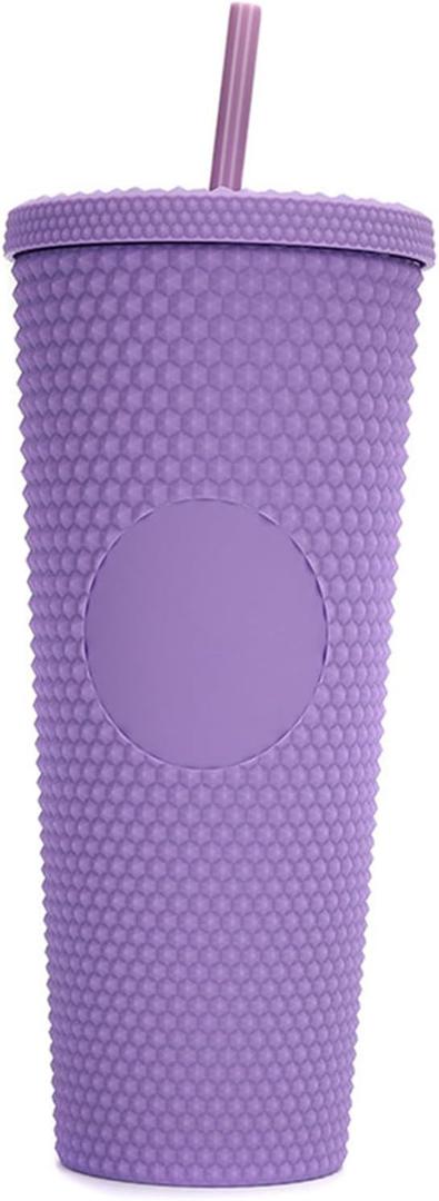 Tomotato Studded Tumbler With Straw, 24OZ Fully Studded Matte Tumbler Cup Travel Mug Reusable Plastic Cup with Wide Opening Lid (Dark purple)