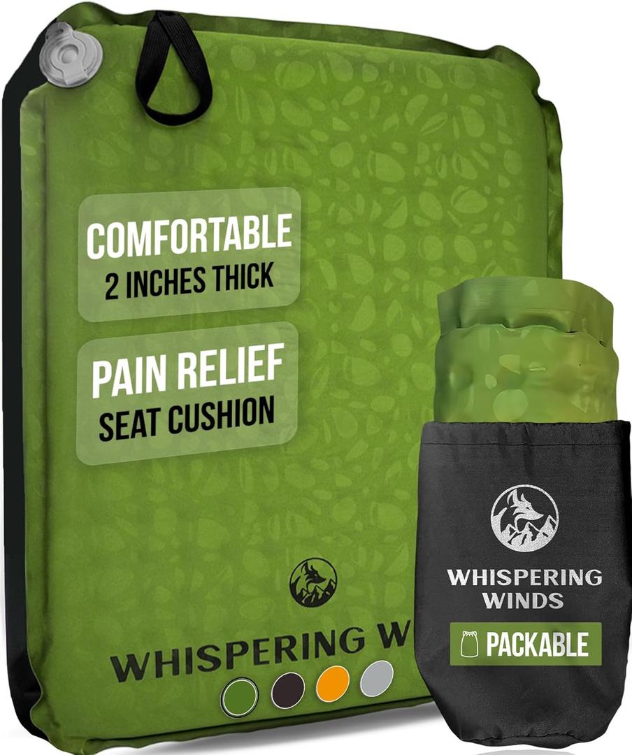 Whispering Winds Inflatable Seat Cushion - Comfortable Blow-up Foam Pad for Airplane, Travel, Stadium, Outdoors, Camping, Car & More (Large, Military Green -1 Pack)