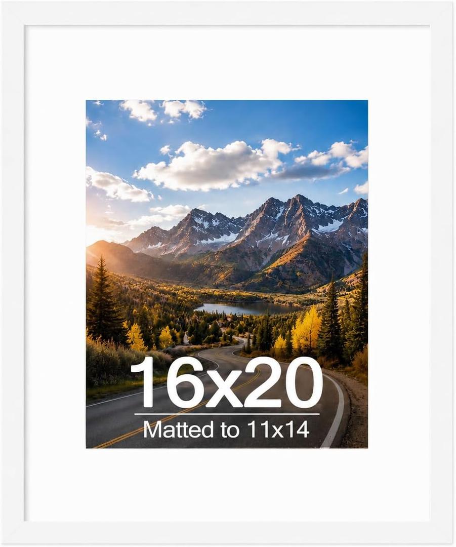 Wood 16x20 Picture Frame with 11x14 Mat White, Display 11x14 with Mat or 16x20 Without Mat, Wood 16 by 20 Photo Frame, 16 x 20 Frame for Wall Hanging Display, White