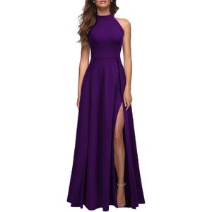 MUSHARE Women's Halter Neck Sexy Split Cocktail Party Maxi Long Formal Dress (Medium, Purple)