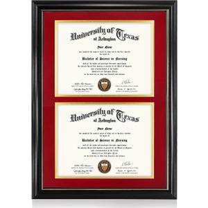 GraduationMall Double 8.5x11 Diploma Frame,Solid Wood & Tempered Glass,Black Finish with Gold Trim,Red & Gold Mat