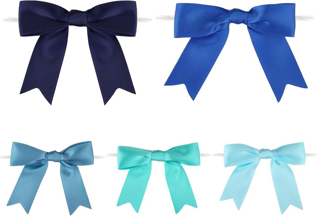 Meseey 50 Pcs Dusty Blue Assorted Satin Ribbon Premade Bows with Twist Tie 3.5 Inch Pretied Bows for Treat Bags Gift Wrapping Basket Wedding Baby Shower Brithday Christmas Party (3.5Blue Assorted)