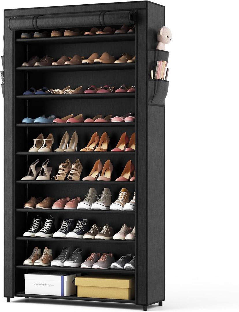ROJASOP 10 Tier Shoe Rack with Covers, Large Capacity Stackable Tall Shoe Shelf Storage to 50-55 Pairs of Shoes and Boots Sturdy Metal Free Standing Shoe Rack Organizer for Closet Entryway Garage (Black)