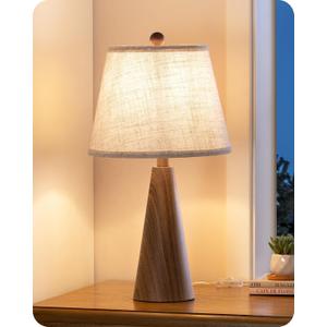 EDISHINE 21.85" Farmhouse Table Lamp, Rustic Bedside Lamp, Water Transfer Walnut Wood Grain Metal Base, Beige Linen Shade, Minimalist Nightstand Light for Living Room, Bedroom, Office, E26 Base