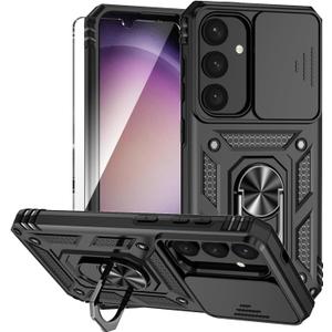 for Galaxy S25 Plus Case with Slide Camera Cover HD Screen Protector [Military Grade 16ft. Drop Tested] Magnetic Ring Kickstand Protective Phone Case for Samsung Galaxy S25 Plus (Black)