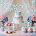 2 Strings Blue Bow Garland Banner, Pre-Strung Fish-Tail Organza Ribbon with 6.5ft Pearl Chain for Baby Shower, Bridal Shower, Wedding, Engagement, Graduation & Anniversary Party Decor