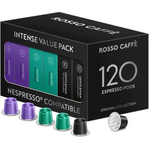 ROSSO CAFFÈ 120 Espresso Coffee Pods for Nespresso Original Machines - Value Intense Pack of Rich and Bold Capsules, 3 Premium Dark Roasts Flavors (Intensity 9-12) (EXP 01/31/28)