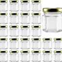 25Pack1.5oz Honey Jars, Mini Honey Jars With Dipper, Hexagon Glass Jar with Gold Lids, Glass Jar with Labels for Gifts, Wedding Favors, baby Favors and DIY Ideas