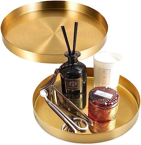 Jucoan 1 Pack 8 Inch Round Gold Tray, Decorative Small Round Vanity Tray, Circle Brass Gold Tray, Bathroom Storage Organizer Tray for Perfume Jewelry Food Coffee Tea Candle