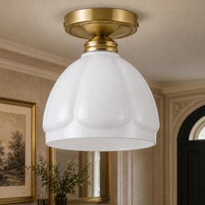 AUTELO 8.2” Milk Glass Ceiling Light, Gold Semi Flush Mount Ceiling Light, 8.19 Dia