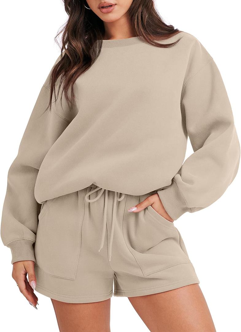 ANRABESS Women 2 Piece Outfits Sweat Shorts Sets 2025 Oversized Casual Lounge Matching Set Sweatsuit Tracksuit Clothes (Small, Deep Khaki)