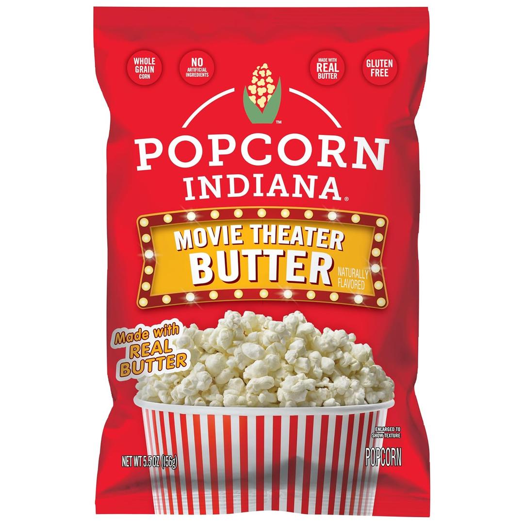 Popcorn Indiana Movie Theater Butter Popcorn (3 oz Bags 6 Pack) Pre-Popped Popcorn Made with Real Butter, Gluten Free, No Artificial Flavors, Perfect for Movie Nights or After School Snacks (EXP 08/15/26)