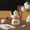 Vintage Ceramic Tea Pot, Heatable with Warmer, Decor for Party, Camping or Wedding, 25 oz/ 2 Cup, White with Pink Roses & Gold Trim