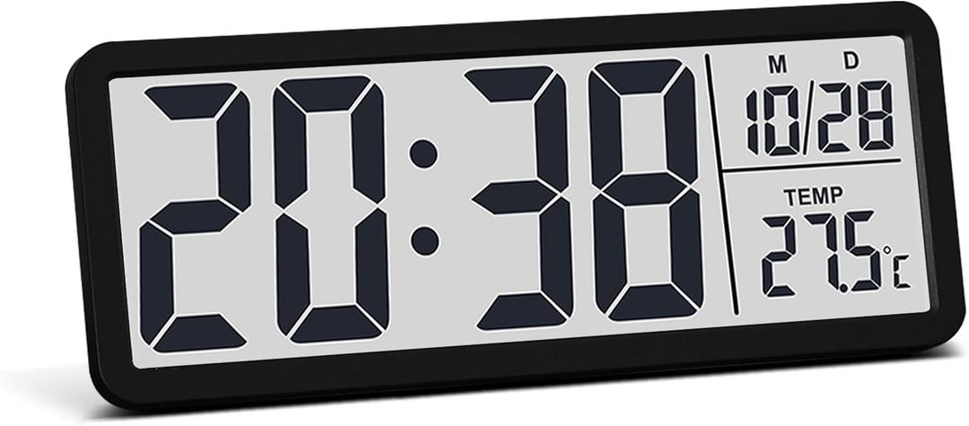JoFomp LCD Digital Wall Clocks Battery Operated, 8.5" Modern Wall Clocks for Living Room Decor, Simple Digital Wall Clock with Temperature/Date/Time - 12/24H, Small Desk Clock for Bedroom Office (Black)