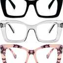 REAVEE Oversized Square Reading Glasses Oprah Style for Women, Blue Light Blocking Large Frame Computer Readers Spring Hinge (Black/Pink Leopard/Leopard)
