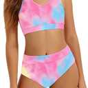 Girls Swimsuit Color-Block High Waist Sporty Sets Girls Two Piece Bathing Suit with Chest Pad Swimwear, size: 15-16y