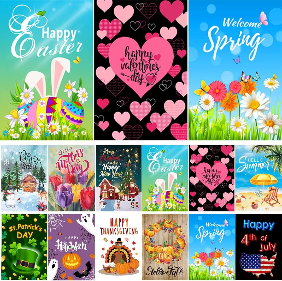 CDLong Seasonal Garden Flag Set of 12 Double Sided 12 x 18 Inch Yard Flag, Small garden flags for outside, Christmas Spring Seasonal Flag for Outdoor Holiday Decorations