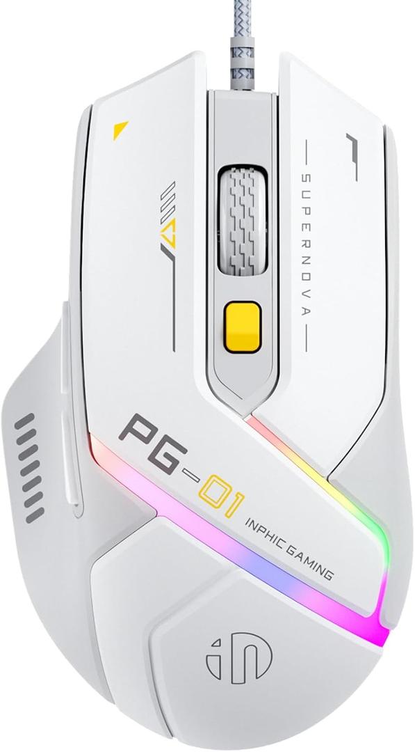 INPHIC PG1 Wired Computer Mouse Ergonomic, 12800 DPI High-Precision, 6 Programmable Buttons, RGB Backlit for Gaming - White Gray