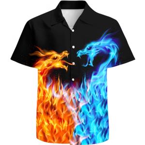 Blue Orange Dragon Mens Funny Hawaiian Shirts 3D Graphic Button Down Short Sleeve Tropical Holiday Beach Aloha Shirt (Black, XXL)