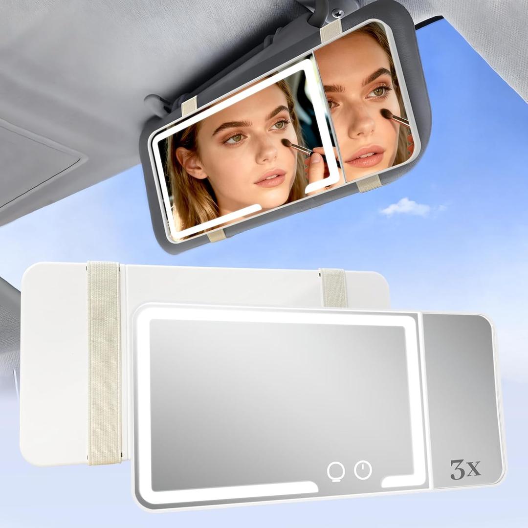 HomeBeyond Car Sun Visor Vanity Mirror with 3X Magnification, Rechargeable LED Makeup Mirror for Car Visor, 3 Colors Dimming Light Touch Control, Universal for Car Truck SUV