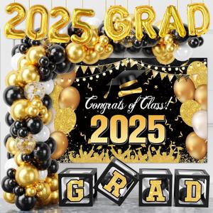 Graduation Decorations Class of 2025-122pcs Black Gold Graduation Party Decorations include Balloon Boxes with Letters, Balloon Arch Kit and Backdrop for 2025 Grad Party Supplies