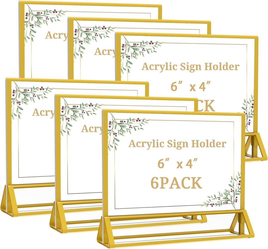 PPHSisy Clear Acrylic Sign Holder 6x 4 Horizontal Double Sided Gold Frame Display Stand Table Flyer Holder for Wedding Table Number Menu Holder (6pcs)