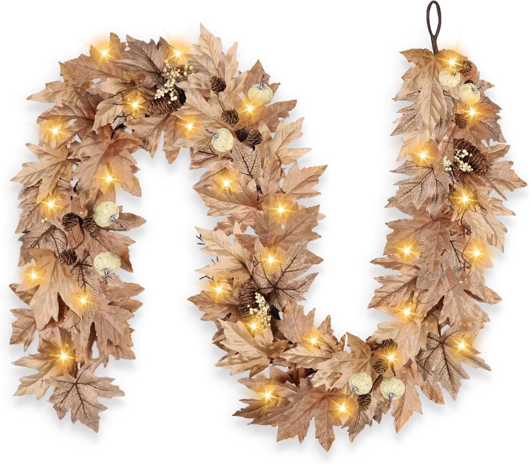 6 FT Fall Garland with Lights Timer Function Autumn Fall Leaves Garland with Berries Pine Cones Pumpkins Realistic Automatic ON/Off Timer Fall Decorations for Home Mantle Fireplace Porch Door Table