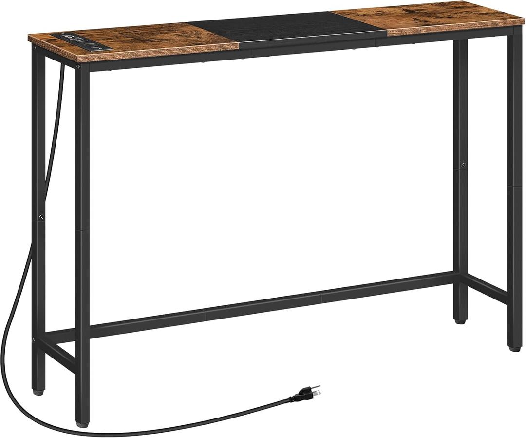 HOOBRO Narrow Console Table with Power Outlets, 44.9-Inch Sofa Table, Slim Behind Couch Table, Entryway Table with Display Shelf, for Living Room, Foyer, Hallway, Rustic Brown and Black BF114UXG01
