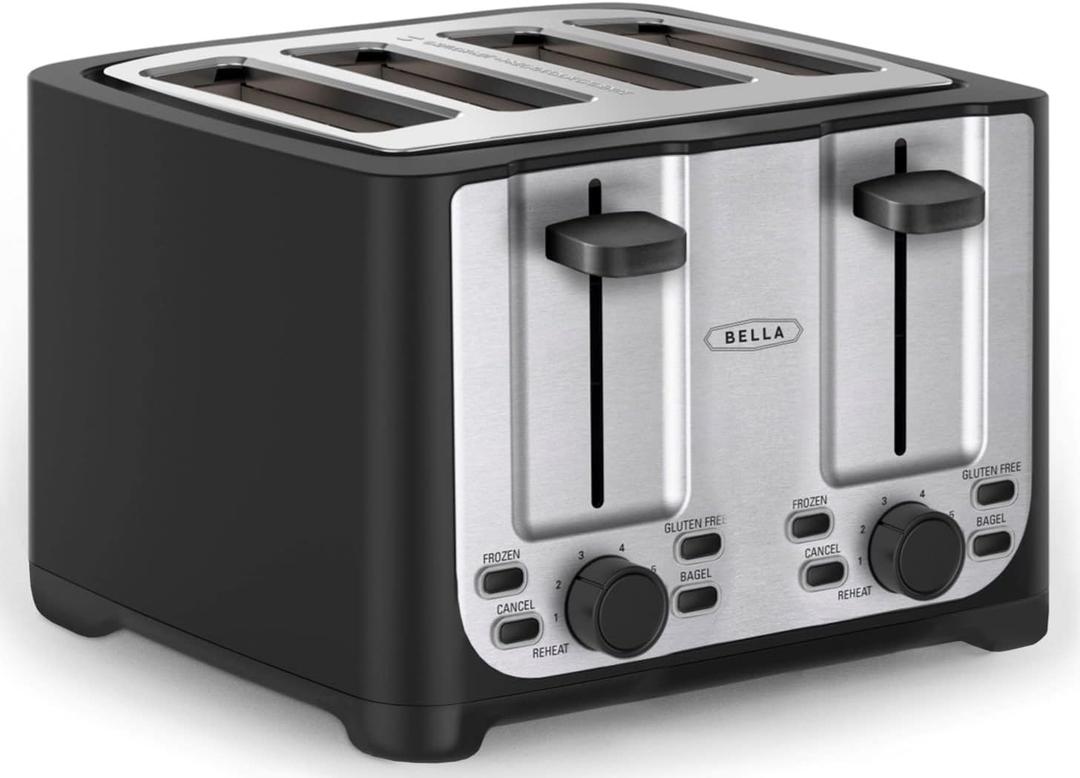 BELLA 4 Slice Toaster with Auto Shut Off - Extra Wide Slots & Removable Crumb Tray and Cancel, Defrost & Reheat Function - Toast Bread & Bagel, Black