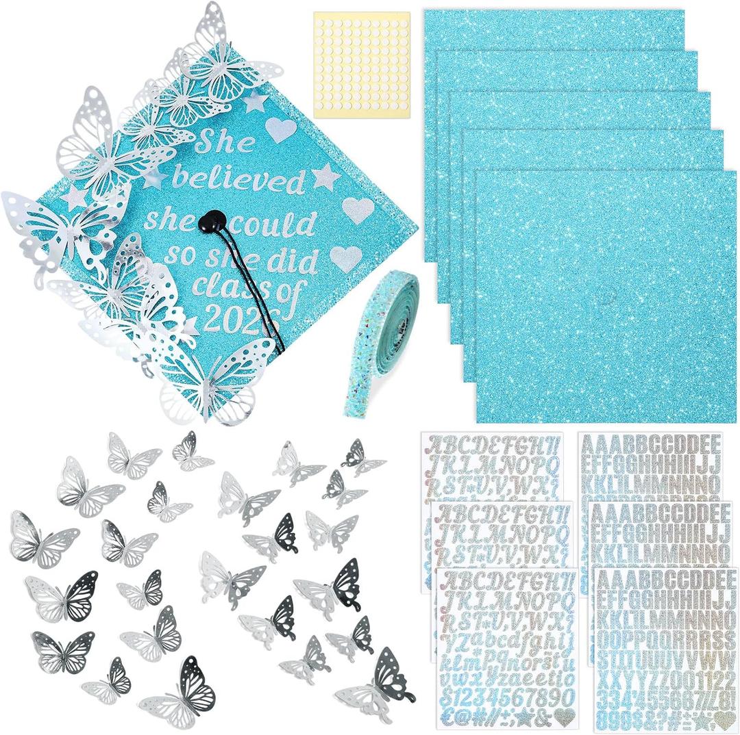 Wavwavw 37 Pcs DIY Graduation Cap Decorations Kit, Glitter Papers, 3D Butterfly Self Adhesive Rhinestones Stickers Alphabet Letter Stickers for 2026 Grad Hat Decor Party Supplies(Lake Blue)