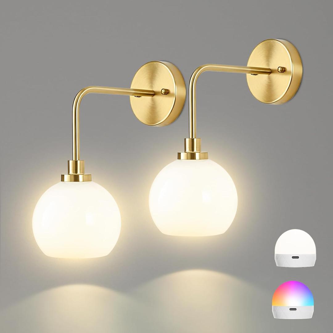 Battery Operated Wall Sconces Set of 2, Gold Rechargeable Wireless Wall Lights with Milky White Shade, 12 RGB and 3CCT Dimmable Wall Lamps with Remote for Bedroom Living Room Hallway