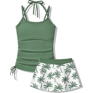 Girls Swimsuit 2 Piece Halterneck Tankini Swimsuits with Printed Skirt Drawstring Bathing Suit for 13-14Years