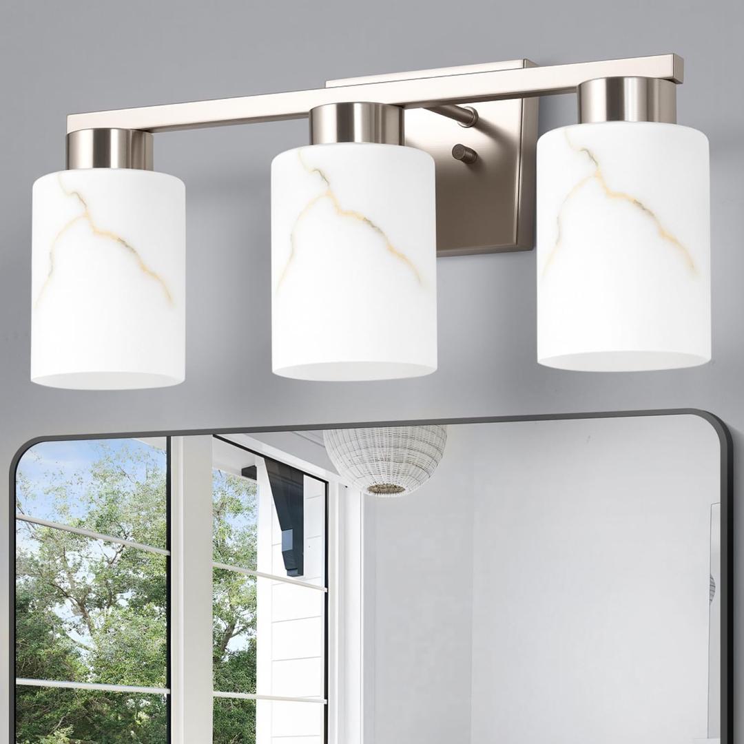 3-Light Bathroom Light Fixtures, Modern Vanity Lights, Brushed Nickel Metal Wall Lamp with White Marble Glass for Bathroom, Mirror, Living Room, Bedroom, Cabinet, Porch, Hallway, E26 Base