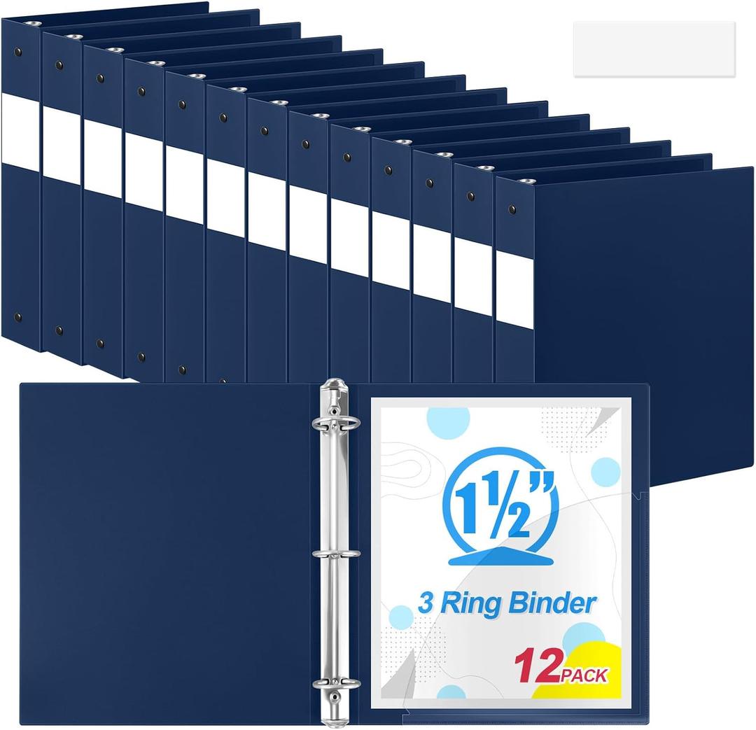 Henoyso 12 Pcs Navy Blue 1.5 Inch 3 Ring Binder Bulk, Fits Letter Size 8.5'' x 11'' Paper, Holds 350 Sheets, 2 Pockets Plastic Binders Pack for School Office Home Organization, Press-to-Open Ring