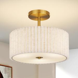 Mid Century Modern Semi Flush Mount Ceiling Light with Pleated Fabric Shade, 12.5 in Drum Gold Light Fixture with Lights, Beige White Linen Lamp for Bedroom, Living Room, Dining Room, Hallway