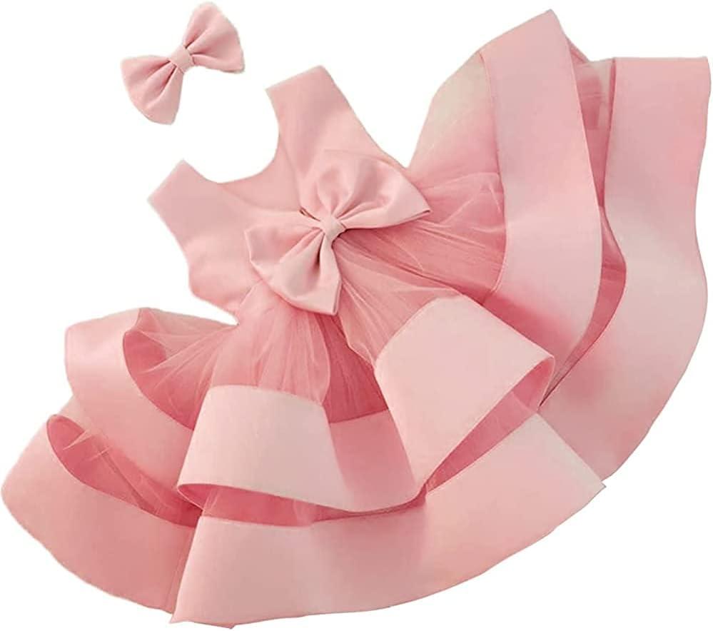 3M-6T Toddler Girl Bowknot Backless Tutu Gown Ruffle Lace Tulle Dress Baby Party Dresses with Headwear (Pink, Small)