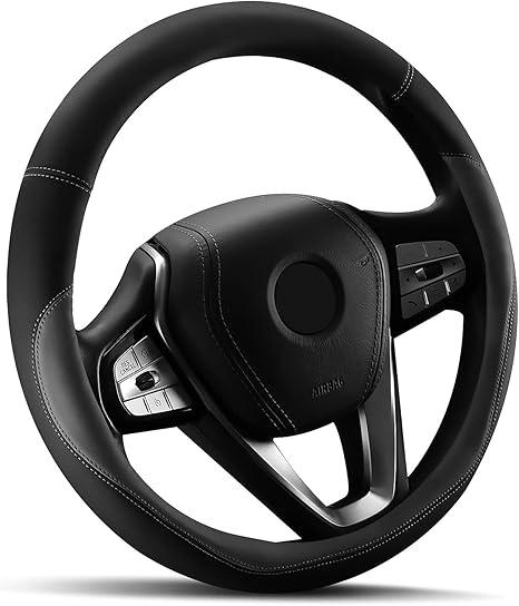 Car Steering Wheel Cover - Universal Car Accessory for Diverse Cars, Leather Cover with Anti-Slip Lining, for Steering Wheel with a Diameter of 14.5"-15",Black