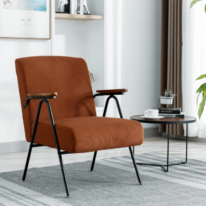 ZZV Accent Chair with Solid Wood Armrest, Mid-Century Modern Chair, Lounge Armchair, Upholstered Armchair with Corduroy Fabric and Metal Frame for Living Room, Bedroom, Home Office, Brown