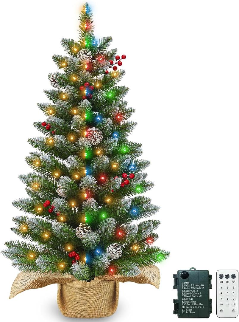 Remote Control - 3 Ft Artificial Mini Christmas Tree, Snowy Tabletop Christmas Tree 50 Warm White & Colorful Lights Timer Battery Operated 110 Branches 12 Pinecones 84 Red Berry Burlap Base Xmas Decor