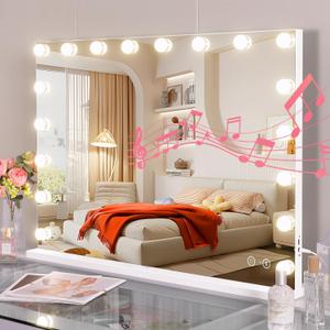 Vanity Mirror with Lights and Speaker 32"x23" Large Hollywood Vanity Mirror 18 LED Bulbs 3 Lighting Modes Makeup Mirror with Lights USB Charge Port Lighted Makeup Mirror with 10x Magnification