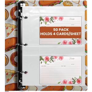 Recipe Card Protectors, Refill Sheets for 3 Ring Binders, Recipe Book Pocket Page Sheet Protectors, Holds 4 x 6-inch pockets, 4 Cards Per Sheet, Clear 50 Pack