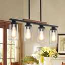 Dining Room Light Fixture Over Table,Farmhouse 4-Light Kitchen Island Lighting,Modern Wood Chandeliers for Dining Room with Adjustable Height,Industrial Black Kitchen Pendant Hanging Lights