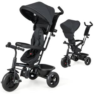 BABY JOY Tricycle, 4 in 1 Toddler Bike w/Removable Canopy, Adjustable Push Handle, Reversible Seat, Safety Belt, Folding Footrest & Storage Basket, Toddler Tricycle for Boys Girls 9-60 Months (Black)