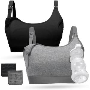 Momcozy Pumping Bra, Pumping Bra Hands Free All Day Wear Pumping & Nursing Bra in One Holding Breast Pump for Spectra, Medela, Black, Grey, Pack of 2