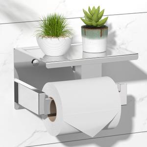 HITSLAM Toilet Paper Holder with Shelf, Stick on Chrome Tissue Roll Holder Self Adhesive or Wall-Mount with Storage Shelf for Bathroom (Chrome With Shelf)
