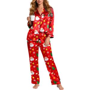 Silky Pajamas for Women 2 Piece Long Sleeve Pj Sets Women's Satin Sleepwear Button Down Loungewear Set (S)