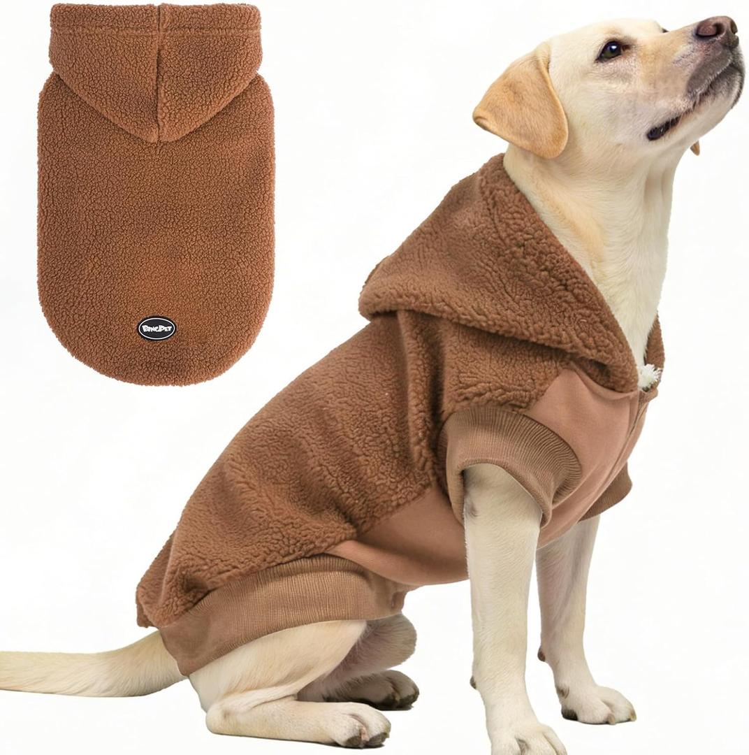 BINGPET Dog Hoodie for Large Medium Small Dogs, Sherpa Hooded Dog Sweater with Pocket Leash Hole for Boy Girl Dogs,Soft Warm Fleece Dog Winter Clothes Cold Weather Coats Jacket for Puppy Sweatshirt,L