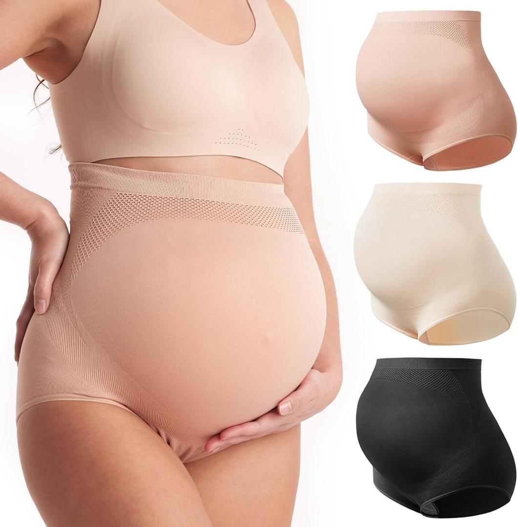 Momcozy Women's Maternity High Waist Underwear Pregnancy Soft Seamless Maternity Underwear Over Bump (Medium, Black,almond,oyster Pink-3pk)