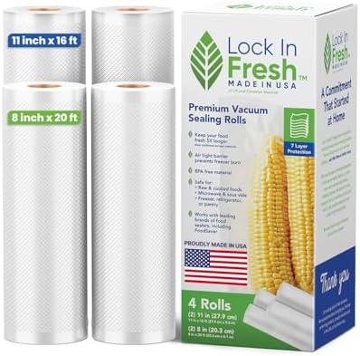 Lock In Fresh Vacuum Sealer Bags for Food Combo Pack, 2 Rolls 11" x 16' + 2 Rolls 8" x 20' - Heavy Duty Food Saver Vacuum Sealer Bag Rolls - Sous Vide, Seal a Meal Bags - Made in the US